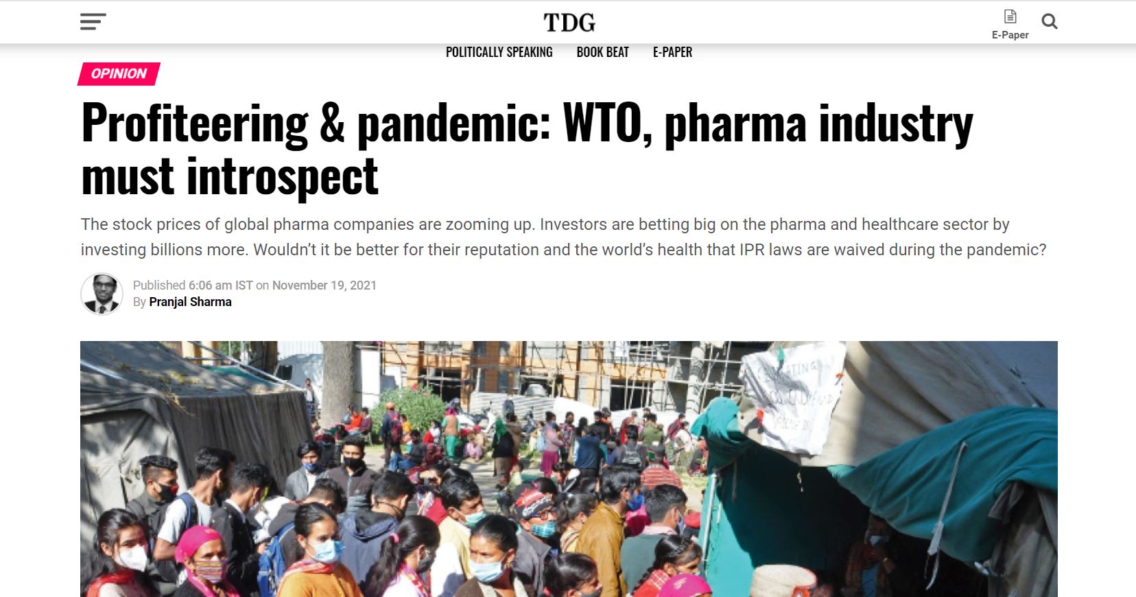 “Profiteering & pandemic: WTO, pharma industry must introspect”, tribune by our board member Pranjal Sharma