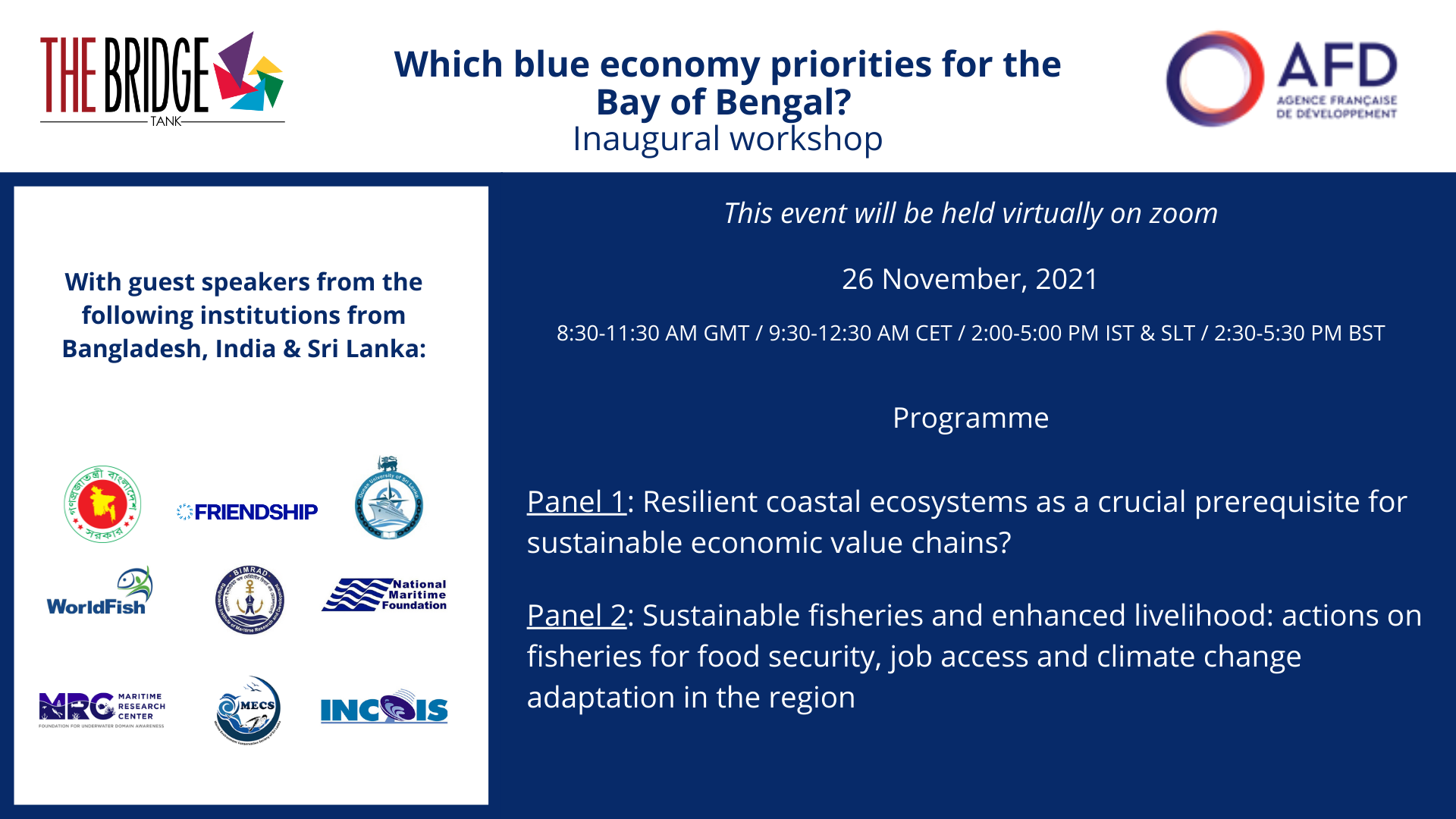 The Bridge Tank et l’Agence Française de Développement ont conjointement lancé une série de séminaires sur l’économie bleue dans le Golfe du Bengale (Bangladesh, Inde, Sri Lanka)